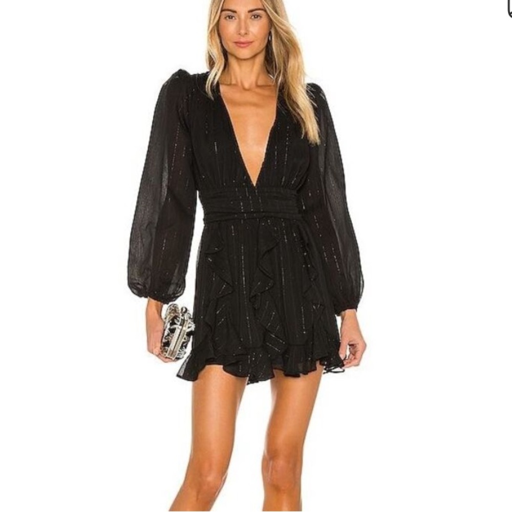 NBD X REVOLVE Anya long sleeve mini dress black silver metallic NWOT SZ M